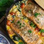 Gebratener Lachs in Sahnesauce mit Spinat und Tomaten in einer Pfanne, daneben frischer Spinat und ein Teller mit Käse.