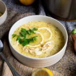 Cremige Suppe mit Zitronenscheiben und Kräutern, daneben Zwiebeln und ein Löffel, auf einem Stofftuch serviert.