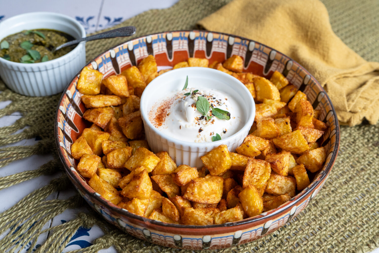 Knusprige Kartoffelwürfel aus der Heißluftfritteuse (Airfryer) mit cremigem Dip, serviert in einer Schale von oben fotografiert.