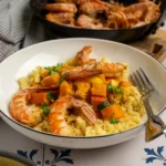 Ein Schüsselgericht mit Garnelen, Couscous und Kürbis, dekoriert mit Petersilie. Im Hintergrund eine Pfanne und Zwiebel.