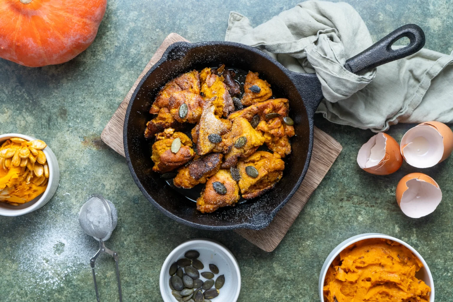 Bratpfanne mit Kürbiskaiserschmarrn, garniert mit Kürbiskernen. Nebenbei Kürbis, Eier und Püree als Zutaten.