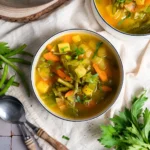 Eine Schüssel Gemüsesuppe mit Karotten, Bohnen und Kartoffeln, garniert mit Petersilie. Daneben frische Bohnen und Löffel.