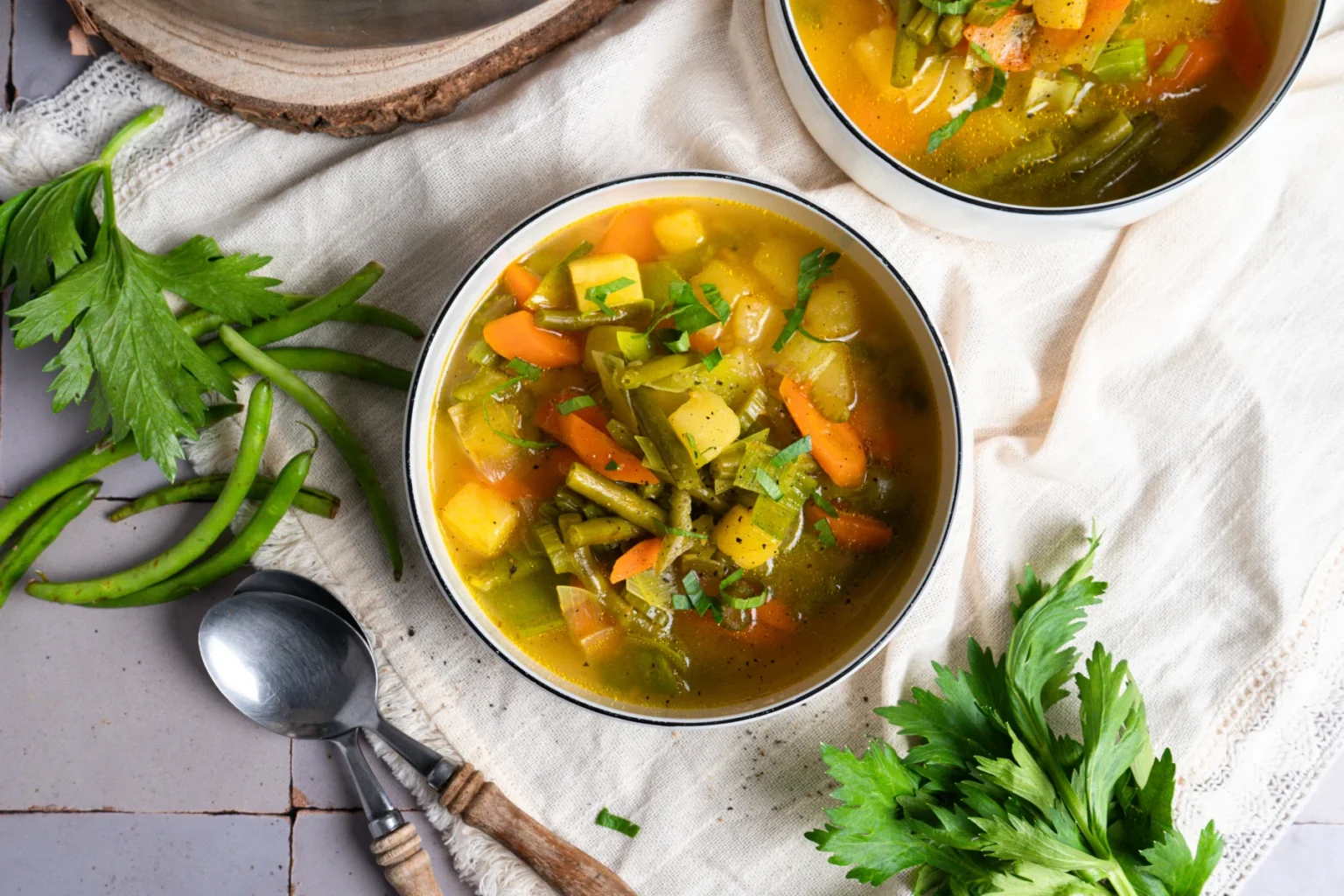 Eine Schüssel Gemüsesuppe mit Karotten, Bohnen und Kartoffeln, garniert mit Petersilie. Daneben frische Bohnen und Löffel.