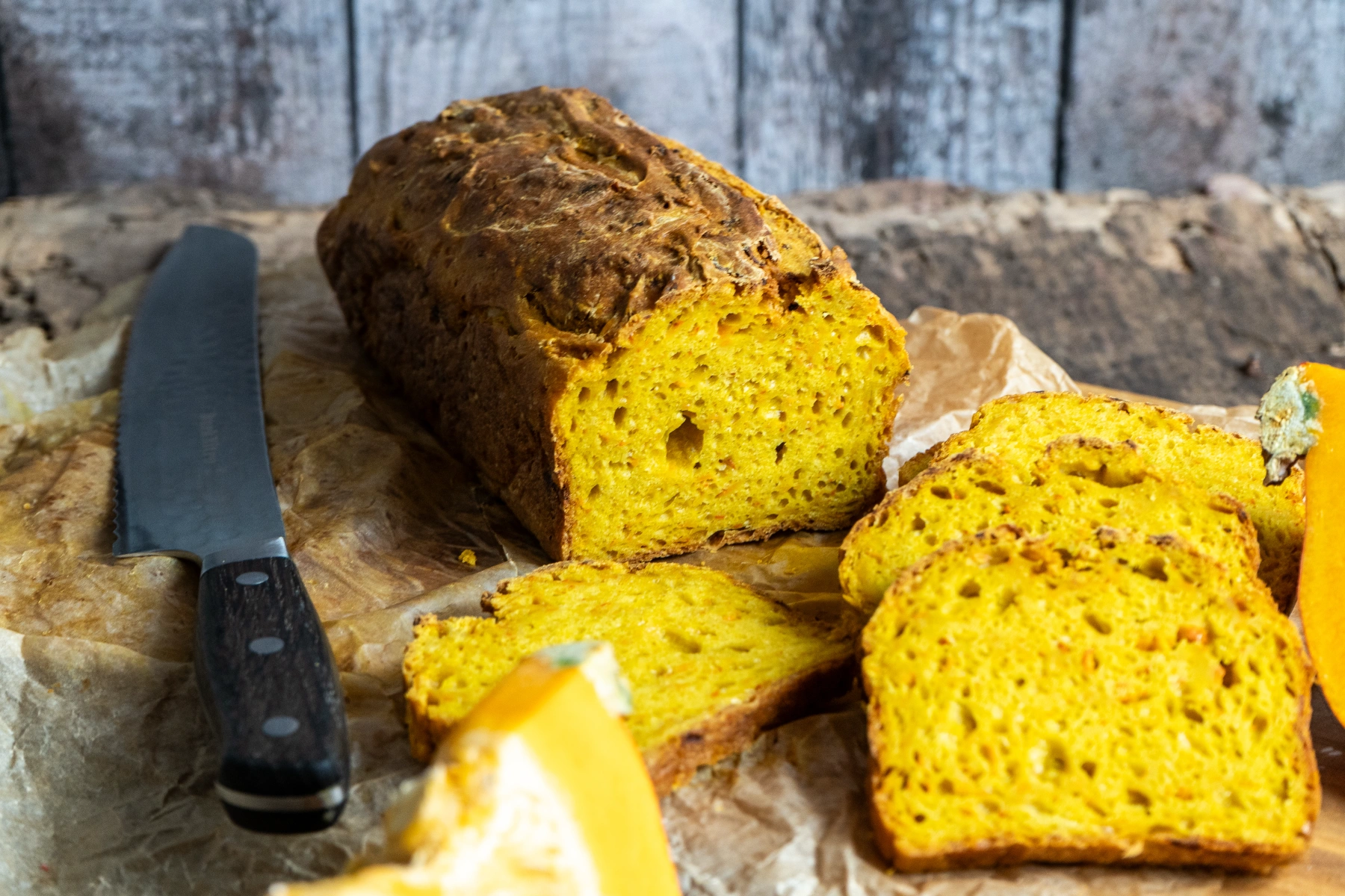 Kürbisbrot mit gelber Krume und knuspriger Kruste, aufgeschnitten, liegt neben einem Brotmesser auf Backpapier.