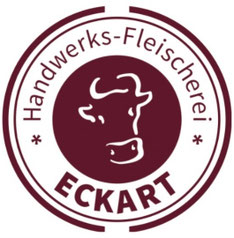 Logo einer Handwerks-Fleischerei mit Abbildung eines stilisierten Rinderkopfs und dem Namen "Eckart" im Kreis.