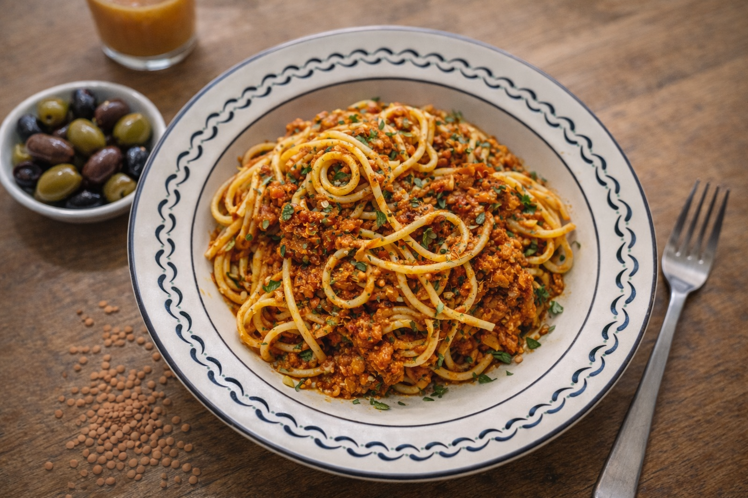 Teller mit Spaghetti und roter Sauce, daneben eine Schale Oliven und ein Glas Saft auf Holztisch.