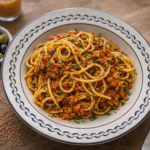 Teller Spaghetti mit Tomatensauce und Kräutern, daneben eine Schale Oliven und ein Glas Saft auf Holztisch.