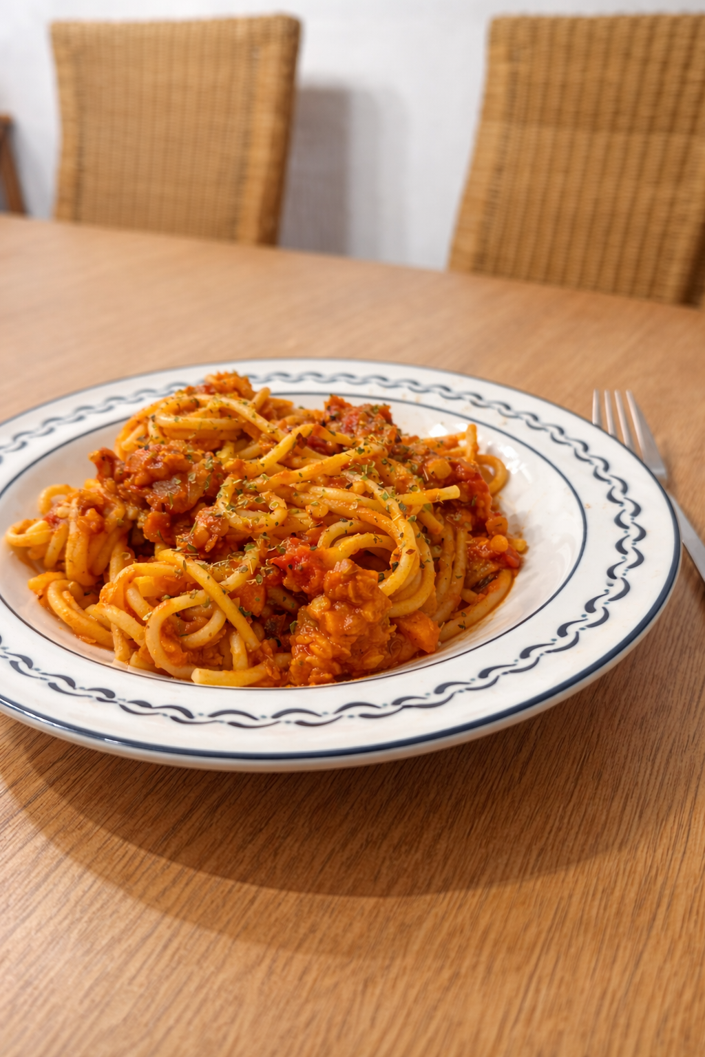 Teller mit Spaghetti Bolognese auf Holztisch, dekoriert mit Kräutern. Im Hintergrund geflochtene Stühle.
