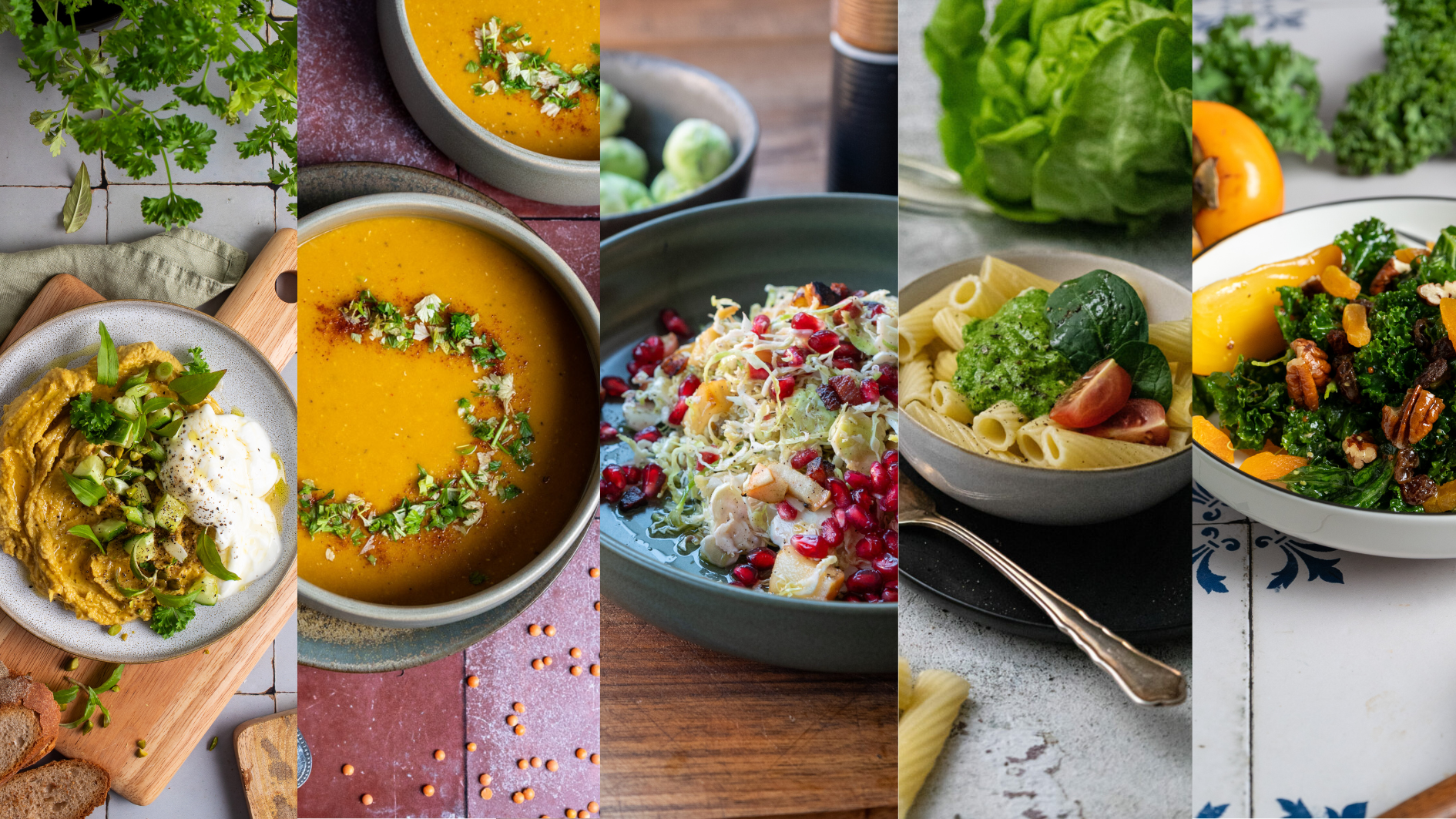 Türkische-Linsensuppe-03 Collage von fünf Tellern mit verschiedenen Gerichten: Suppe, Salat, Pasta, Hummus und Gemüse. Frische, bunte Zutaten.