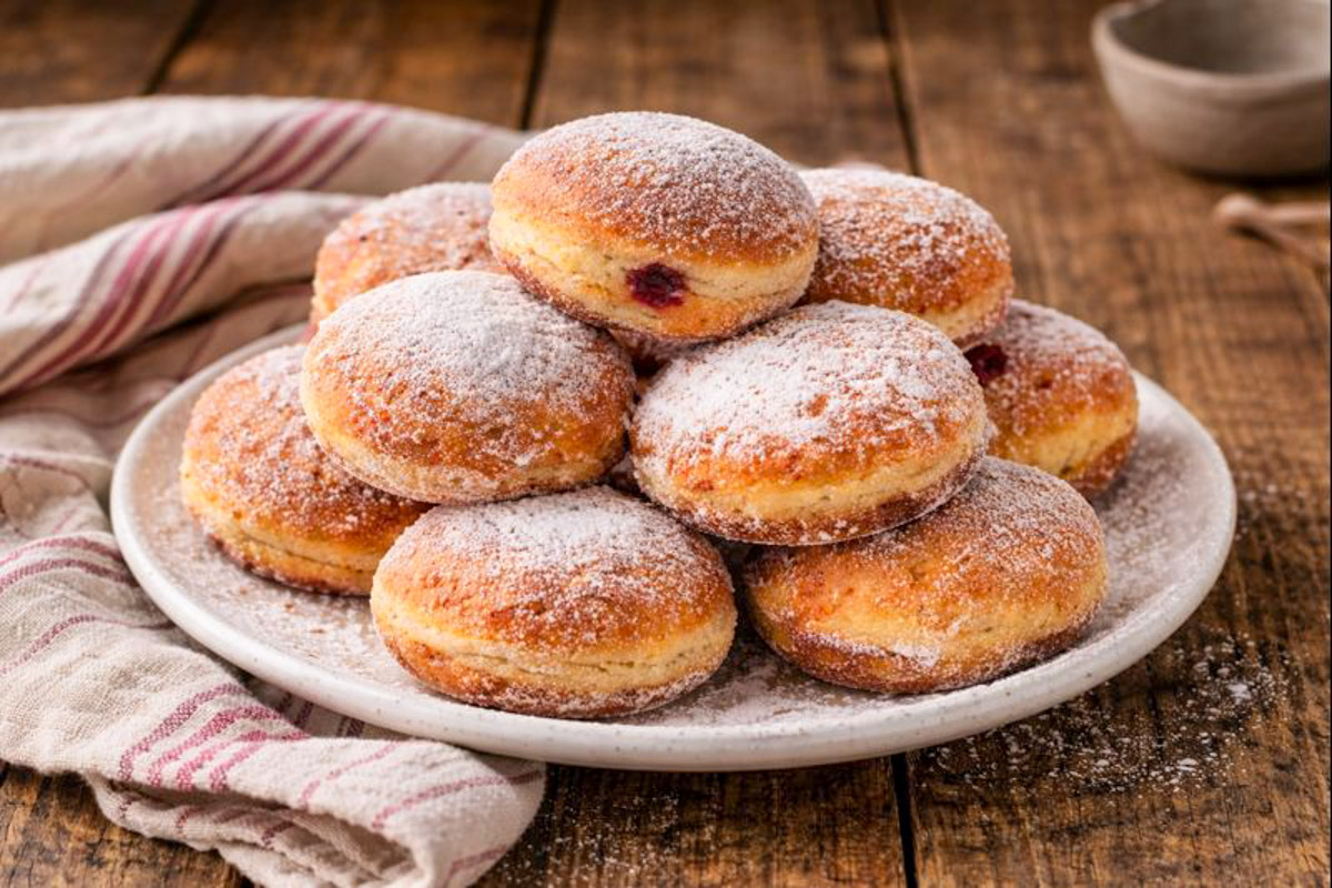 Ein Teller mit gestapelten, mit Puderzucker bestäubten Berlinern auf einem Holztisch.