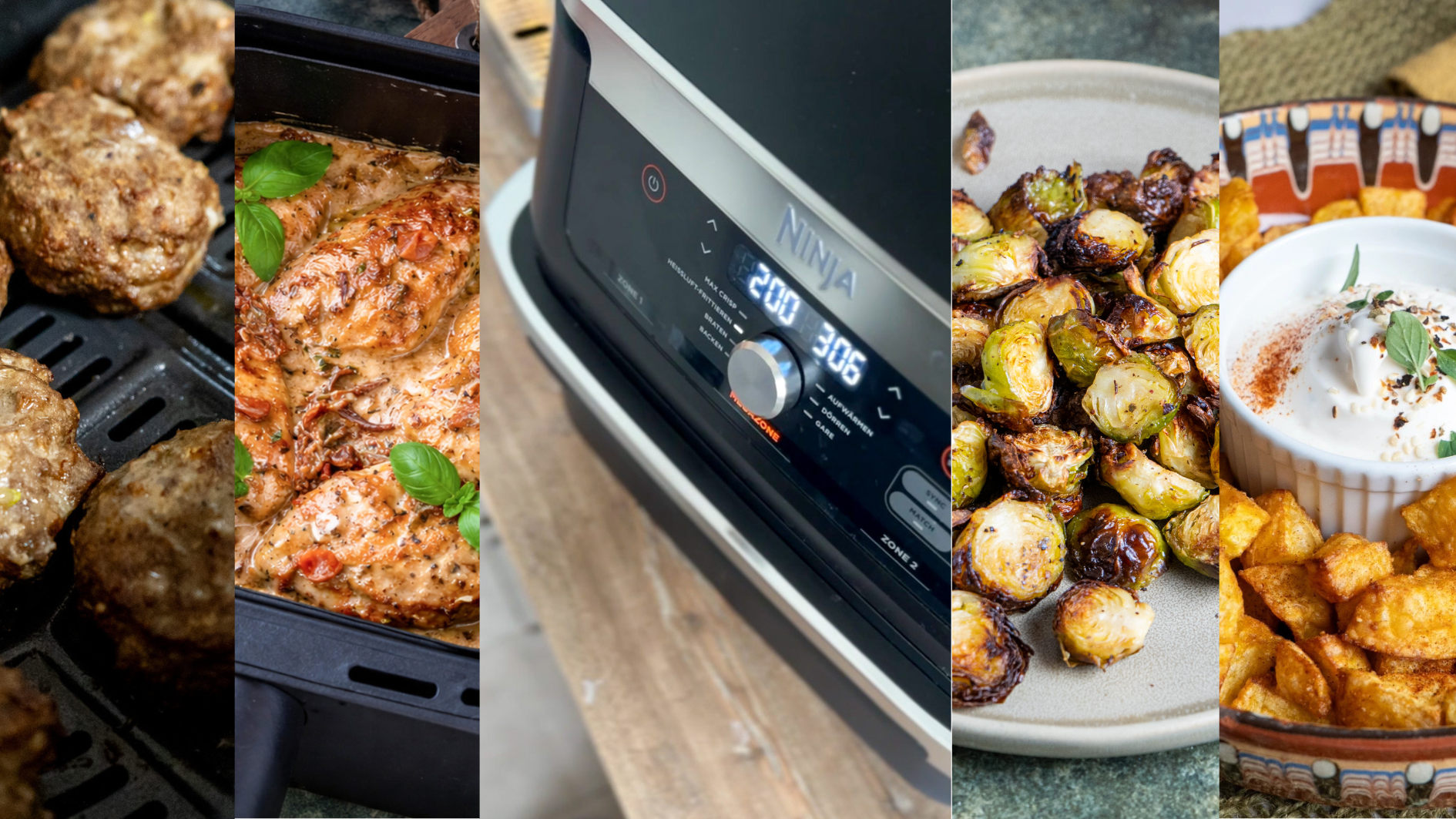 Heißluftfritteuse-richtig-nutzen-1 Fünfteiliges Bild: Frikadellen, Hähnchen, Heißluftfritteuse, gebratener Rosenkohl, Kartoffelwürfel mit Dip.